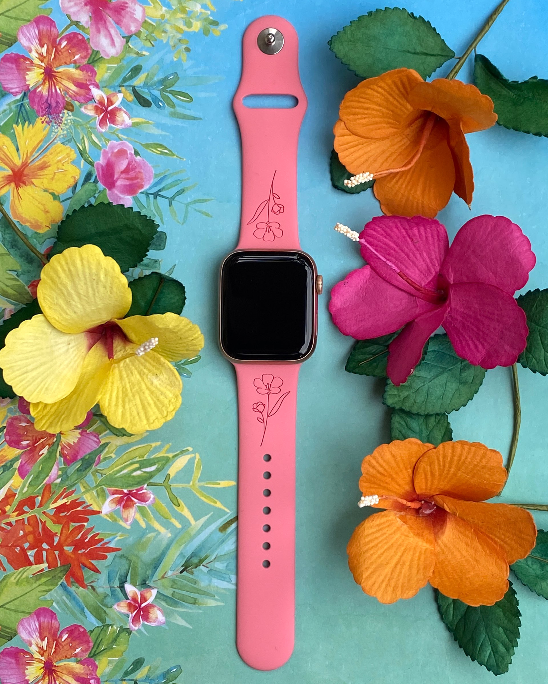 Hibiscus Flower Apple Watch Silicone Engraved Band Lux Bands Shop
