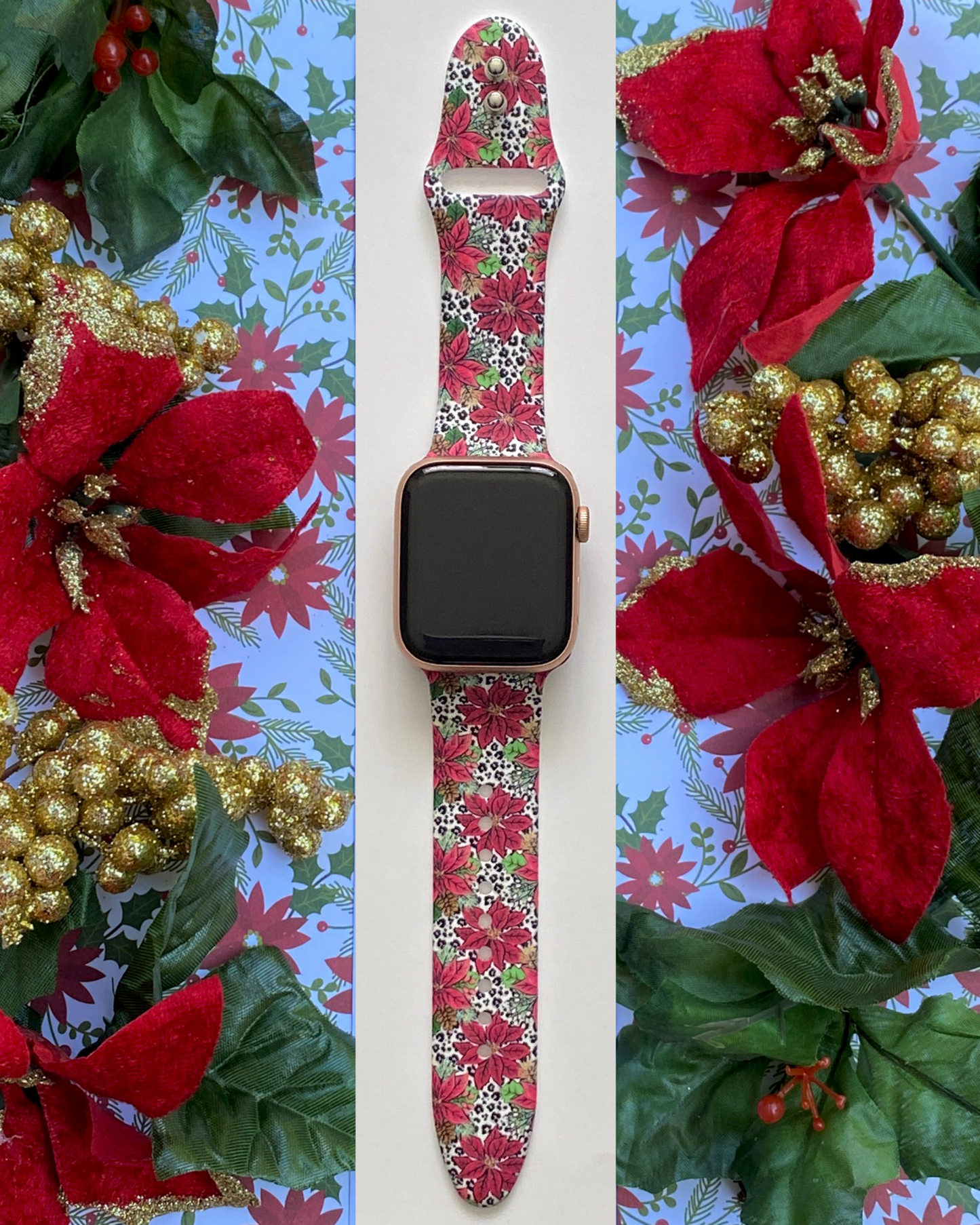 Snow Leopard Poinsettia Watch Band For Apple Watch