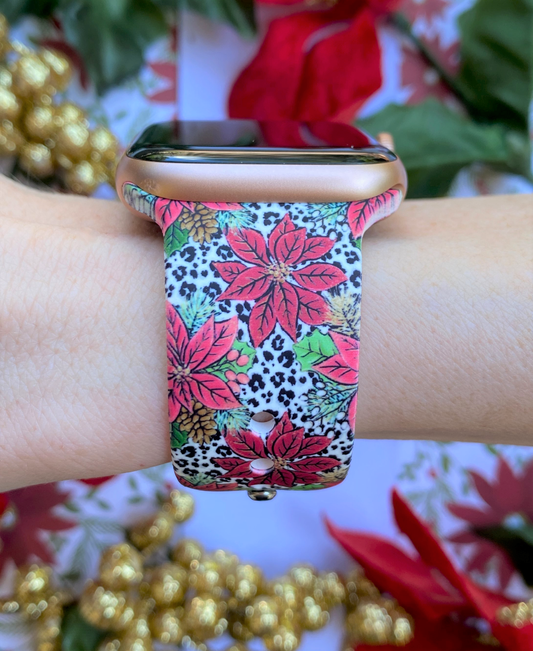 Snow Leopard Poinsettia Watch Band For Apple Watch