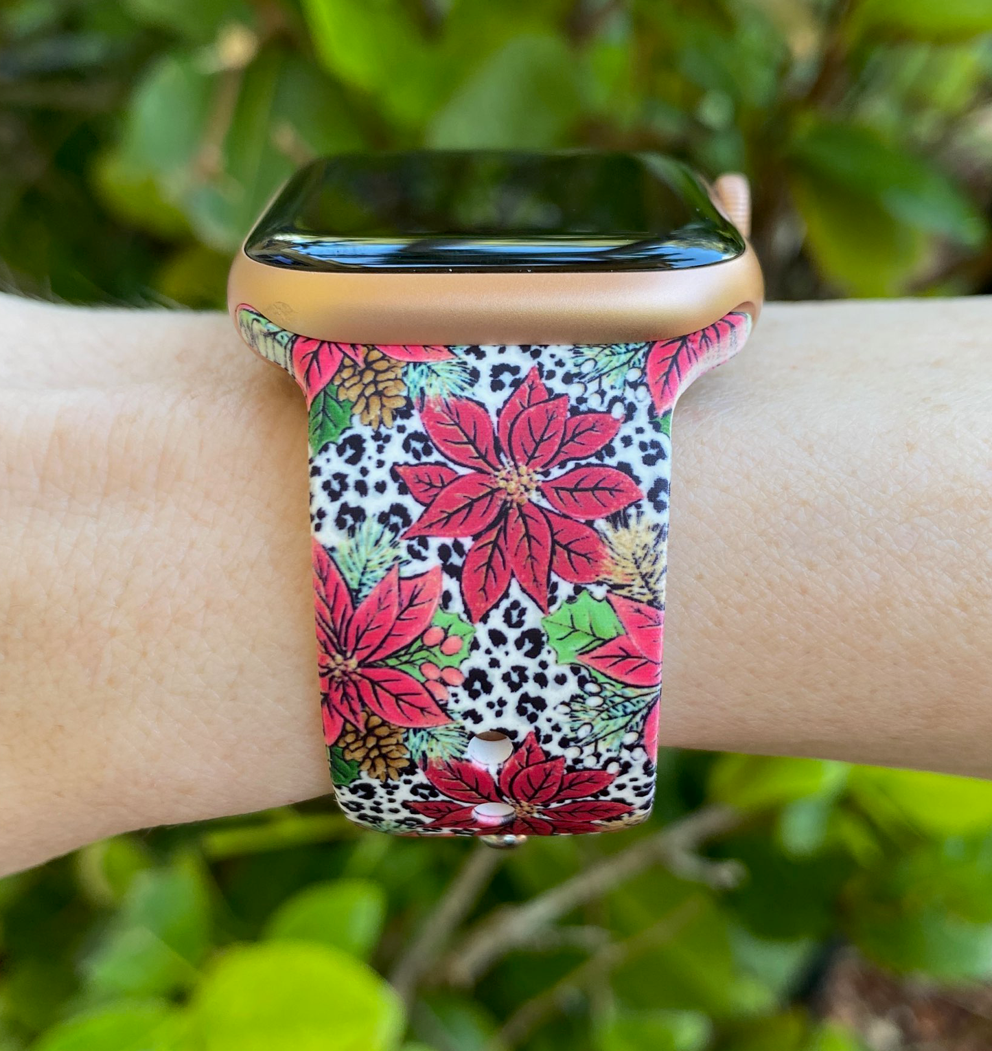 Snow Leopard Poinsettia Watch Band For Apple Watch