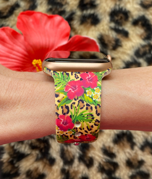 Tropical Hibiscus Leopard Watch Band For Apple Watch