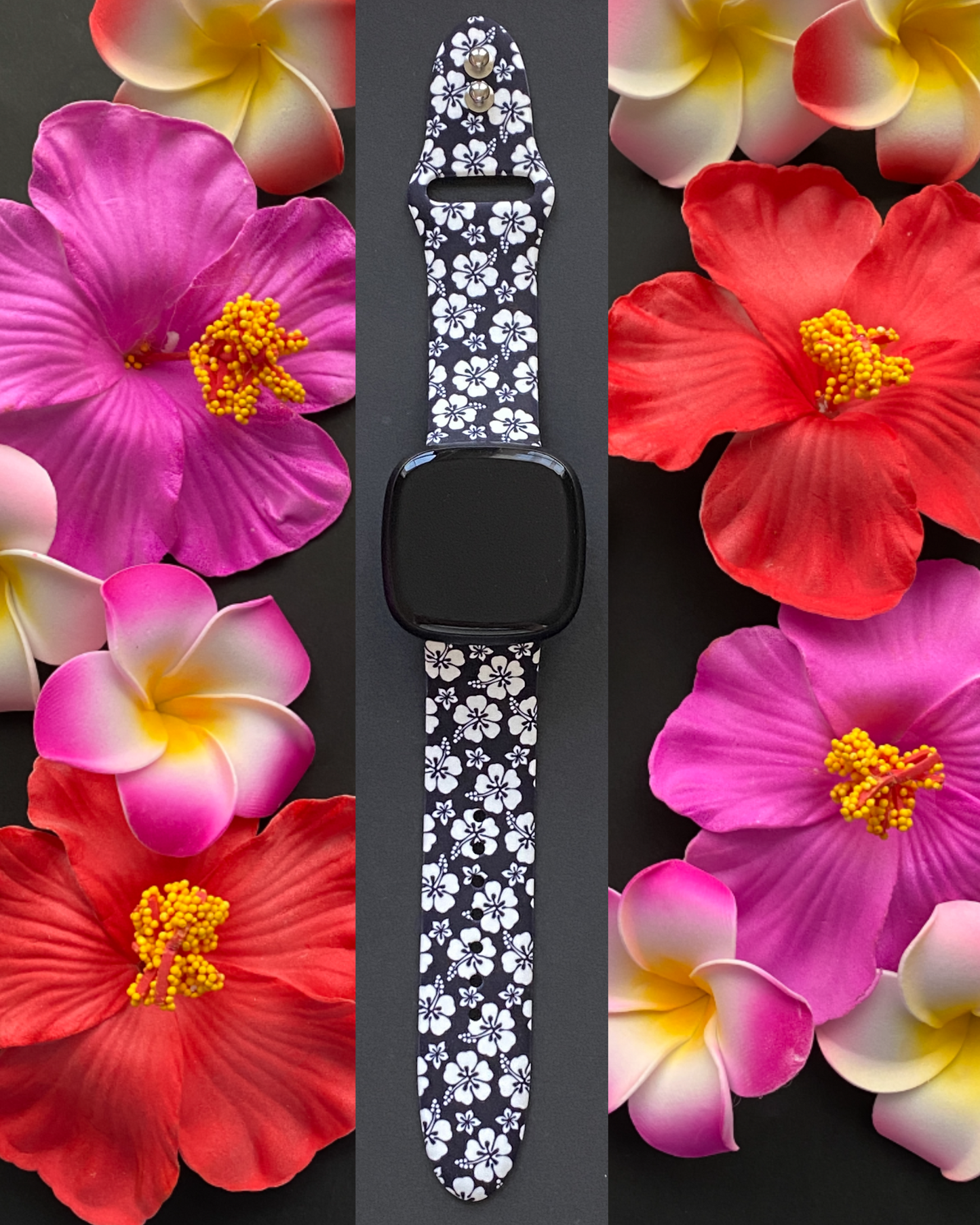 Black Hibiscus Fitbit Versa 3/Versa 4/Sense/Sense 2 Watch Band