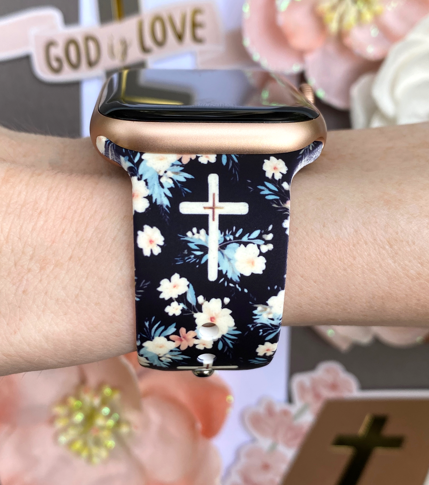Floral Cross Black Apple Watch Band