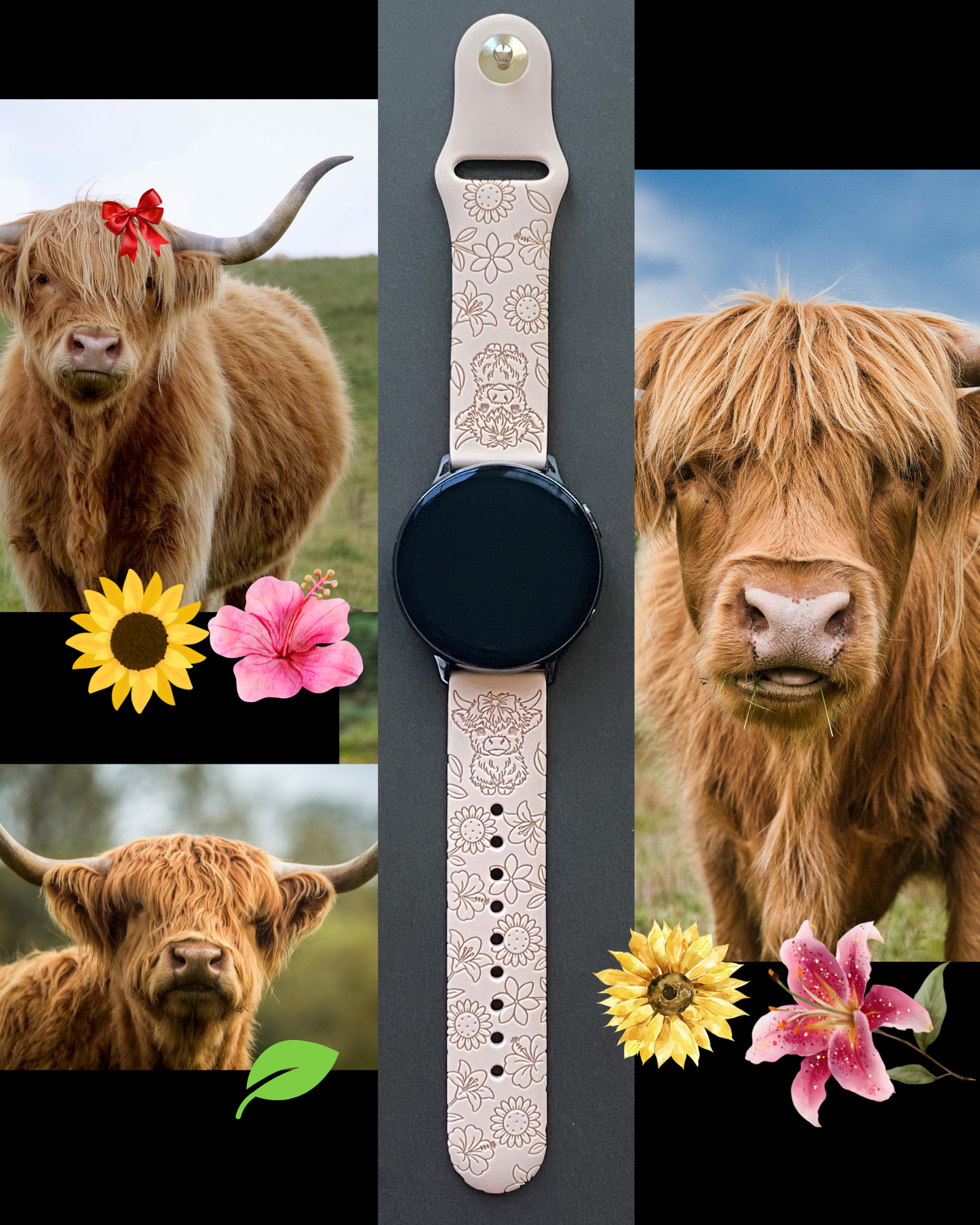 Highland Cow Floral 20mm Samsung Galaxy Watch Band