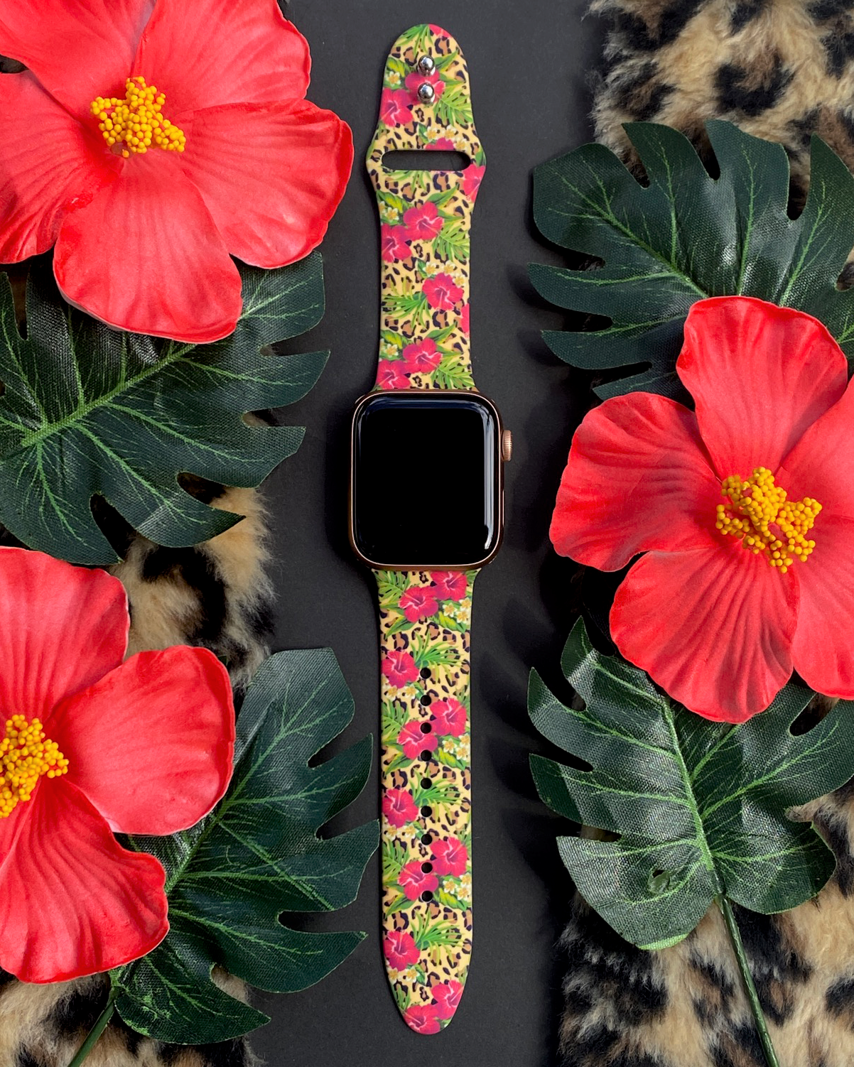 Tropical Hibiscus Leopard Apple Watch Band