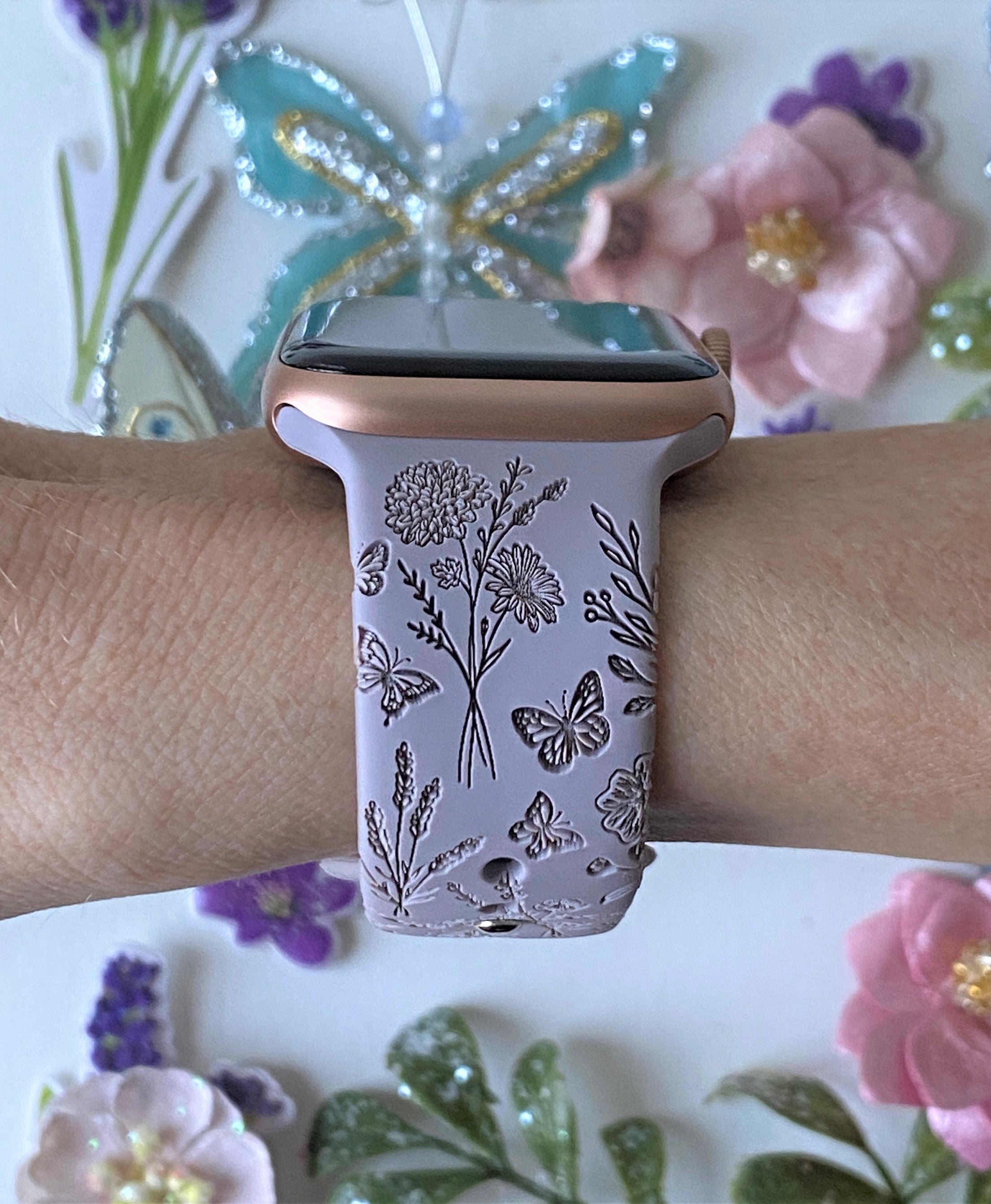 Wildflowers and Butterflies Apple Watch Silicone Engraved Band