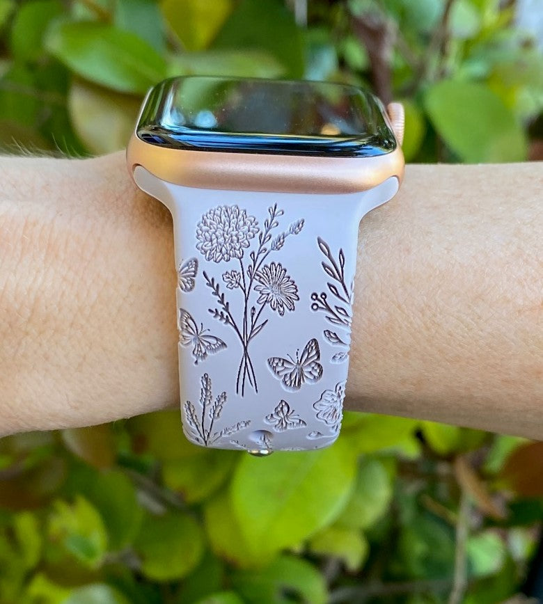 Wildflowers and Butterflies Apple Watch Silicone Engraved Band